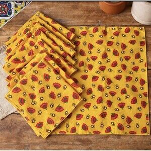 Vintage Neiman Marcus NEW Cotton Napkins Set of 8 Yellow Floral Folk Art
